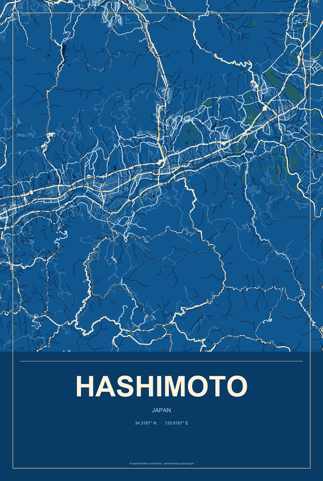 Hashimoto, Japan City Map Aluminum Sign in Harbor Cobalt style