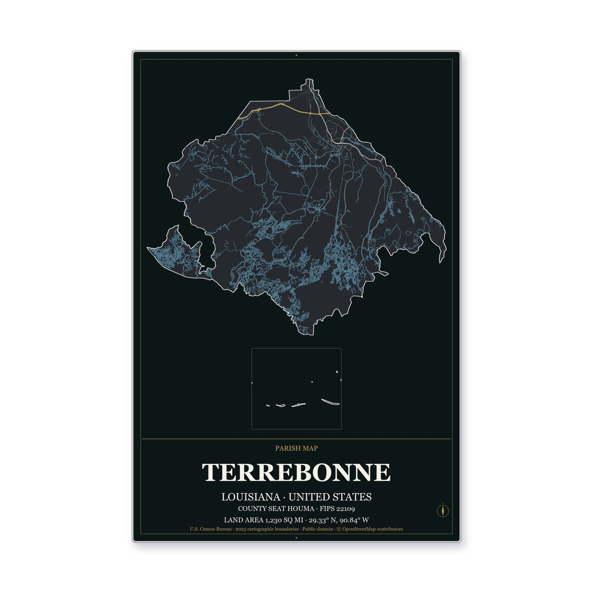 Terrebonne Parish, Louisiana Map Aluminum Sign in Metropolitan Noir style