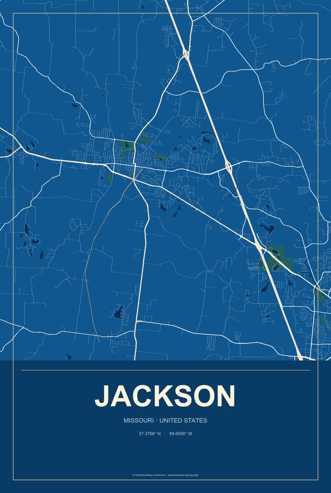 Jackson, Missouri City Map Aluminum Sign in Harbor Cobalt style