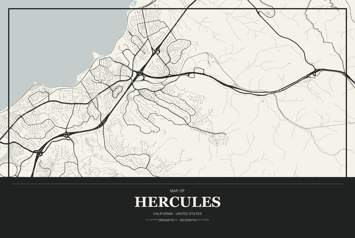 Hercules, California City Map Aluminum Sign in Museum Plaque style