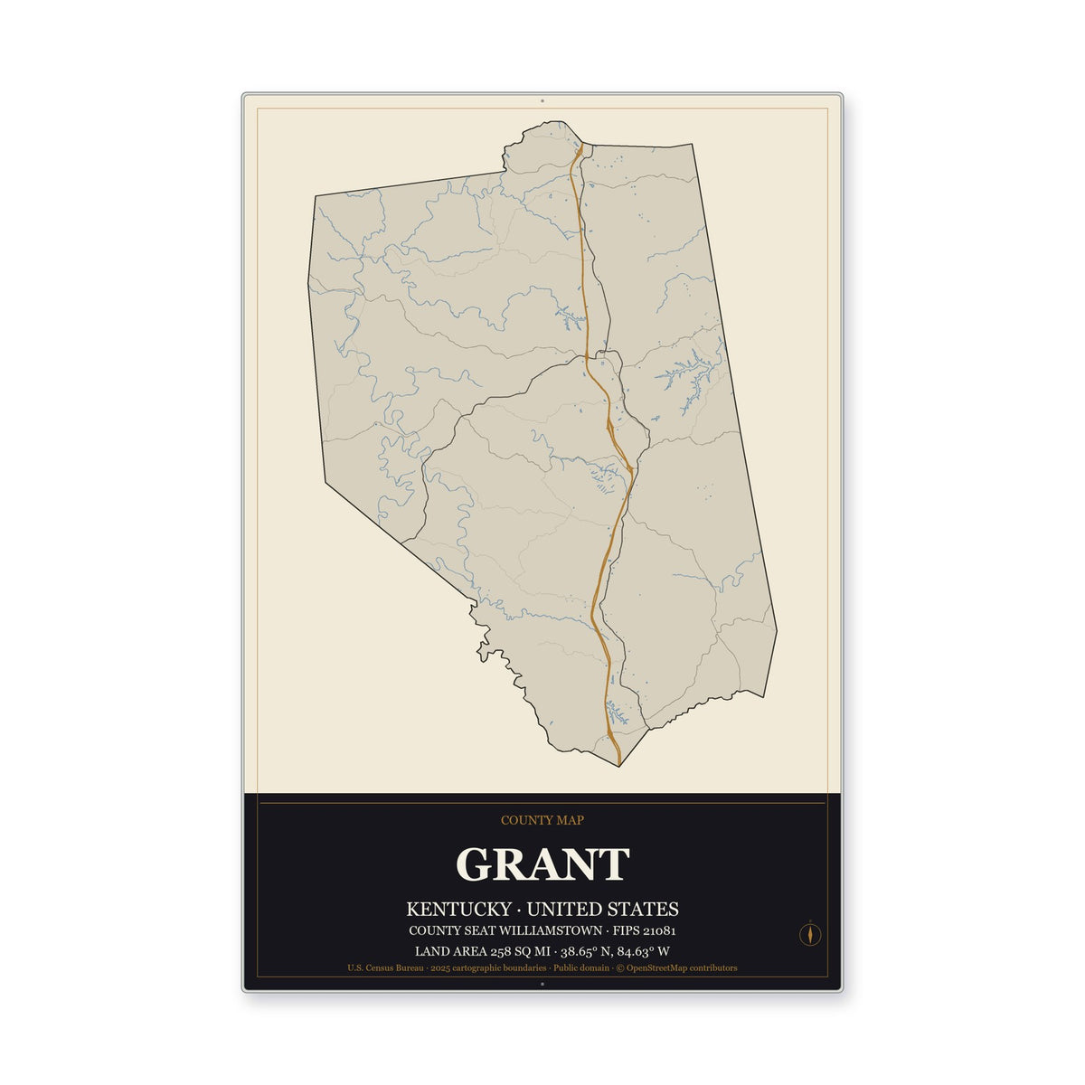 Grant County, Kentucky Map Aluminum Sign in Museum Plaque style
