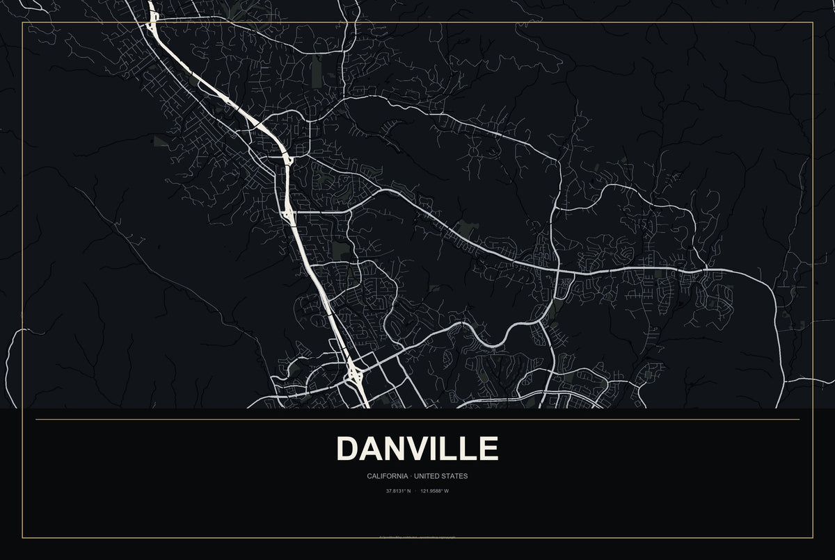 Danville, California City Map Aluminum Sign in Metropolitan Noir style