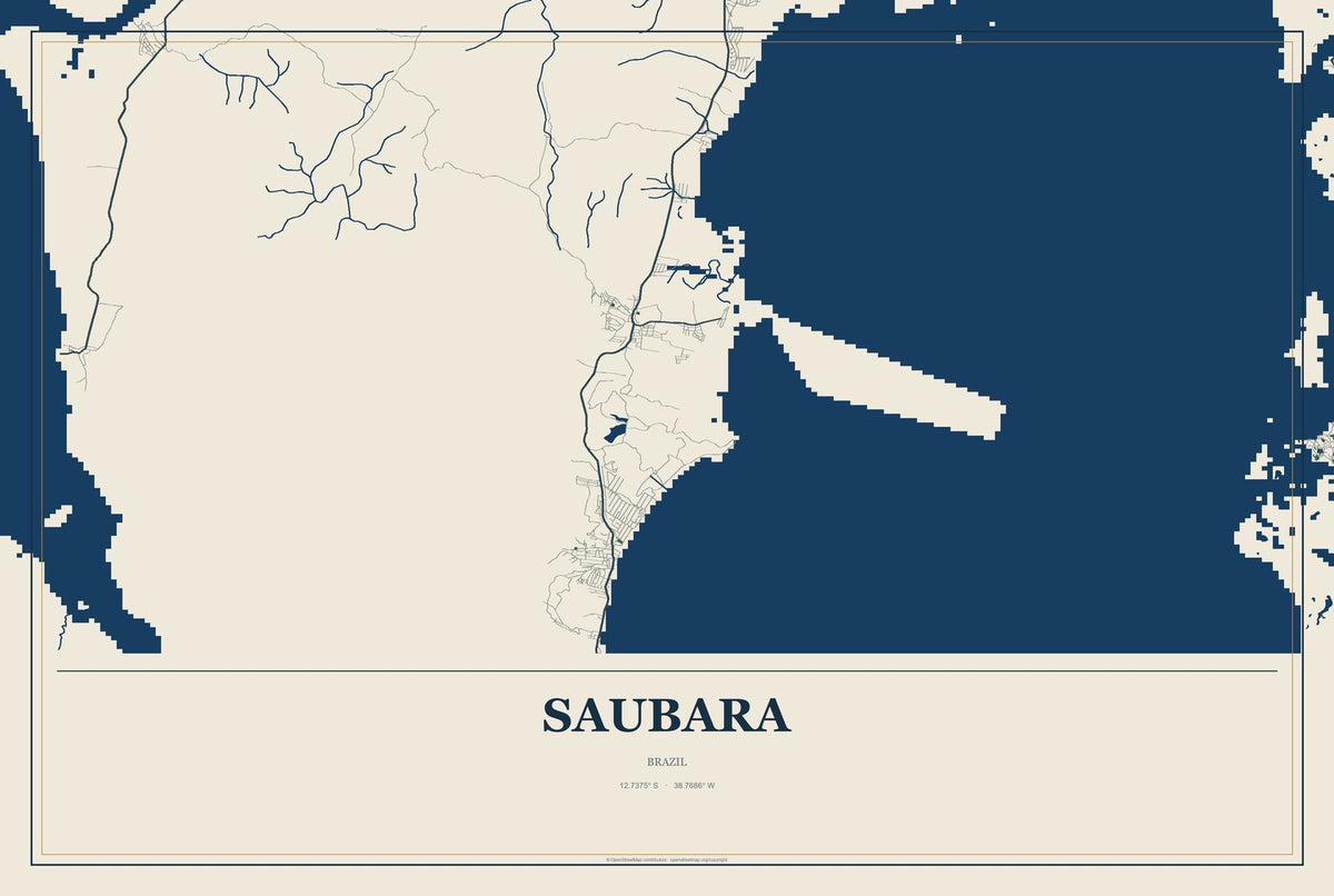Saubara, Brazil City Map Aluminum Sign in Coastal Cutout style