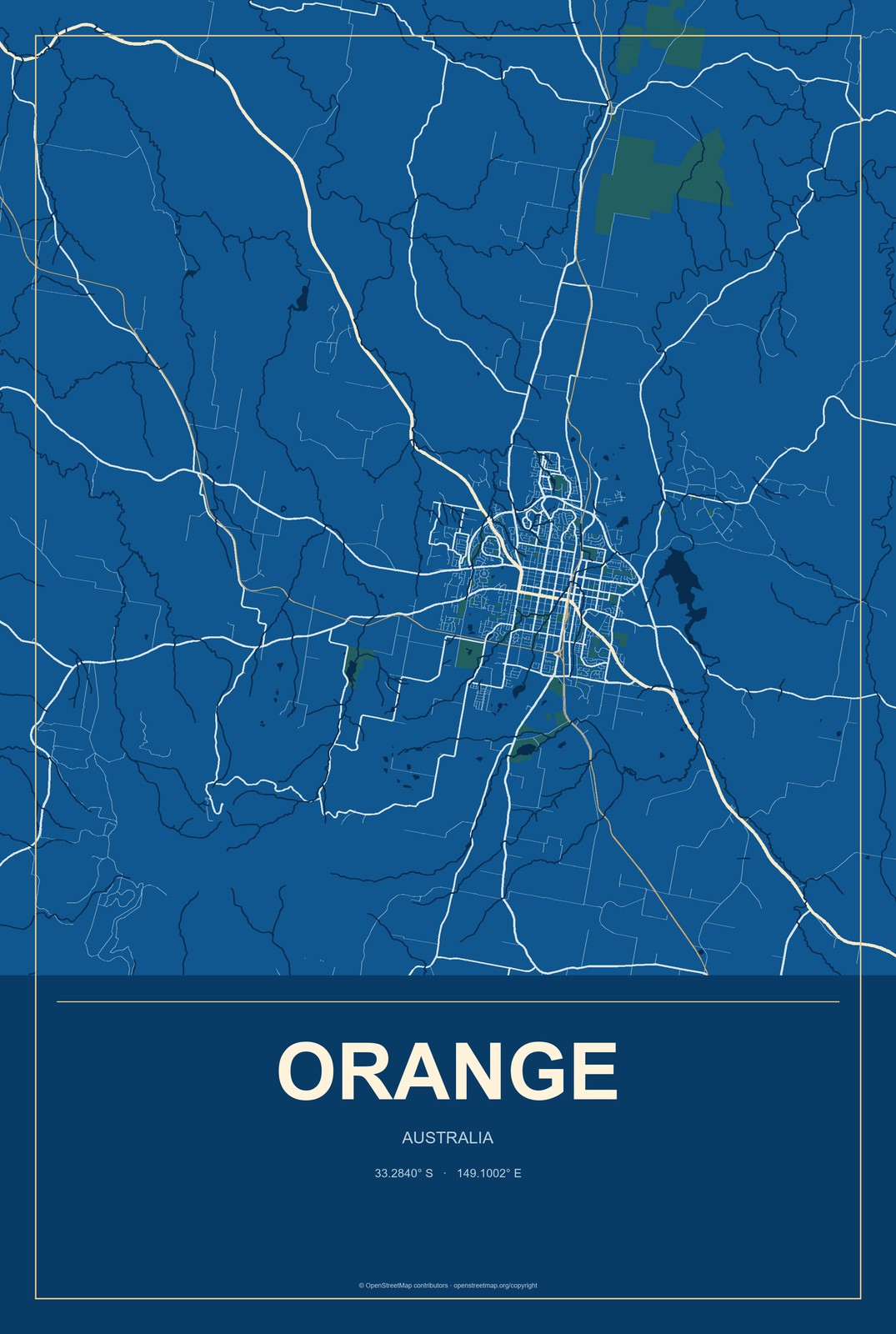 Orange, Australia City Map Aluminum Sign in Harbor Cobalt style