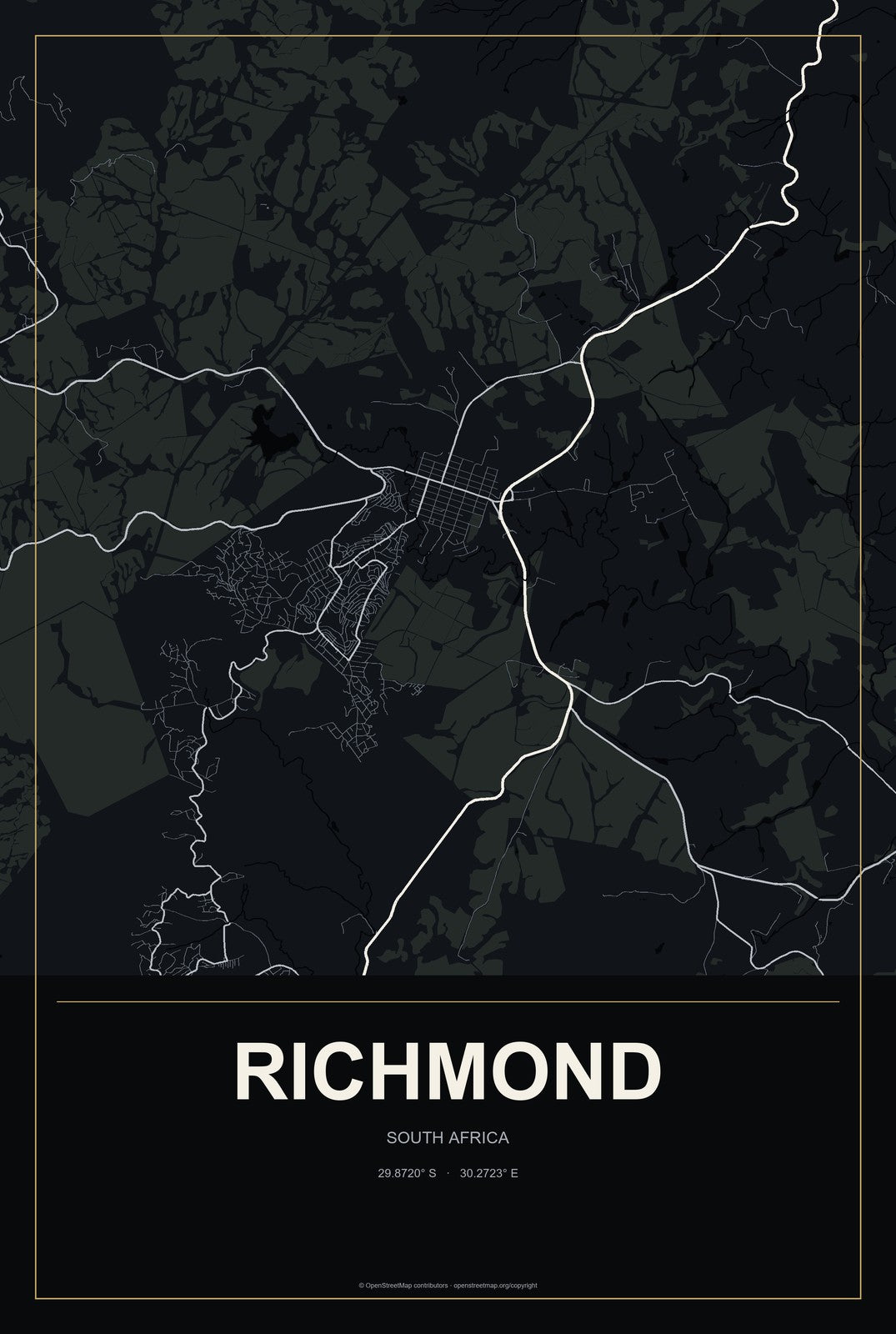Richmond, South Africa City Map Aluminum Sign in Metropolitan Noir style