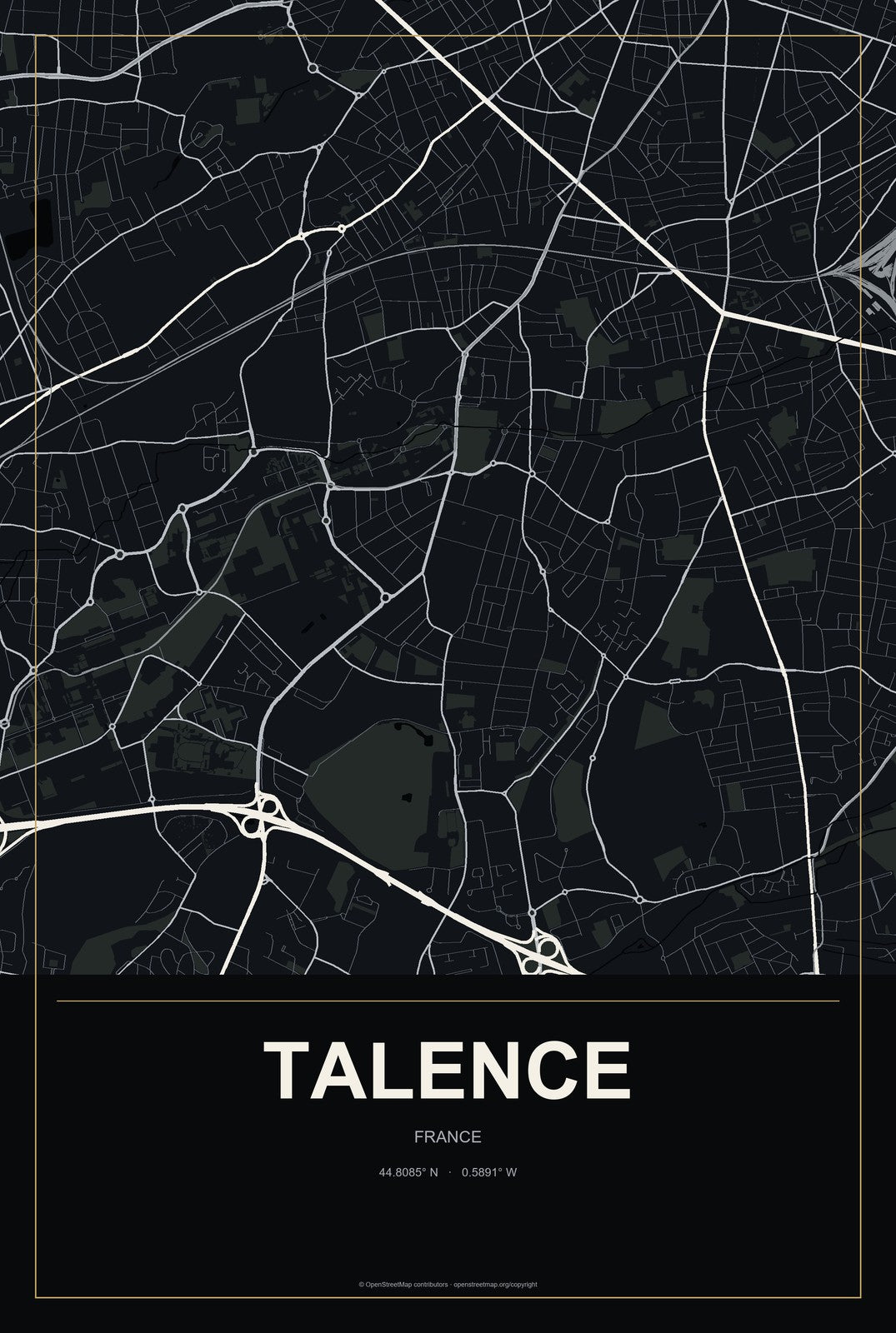 Talence, France City Map Aluminum Sign in Metropolitan Noir style