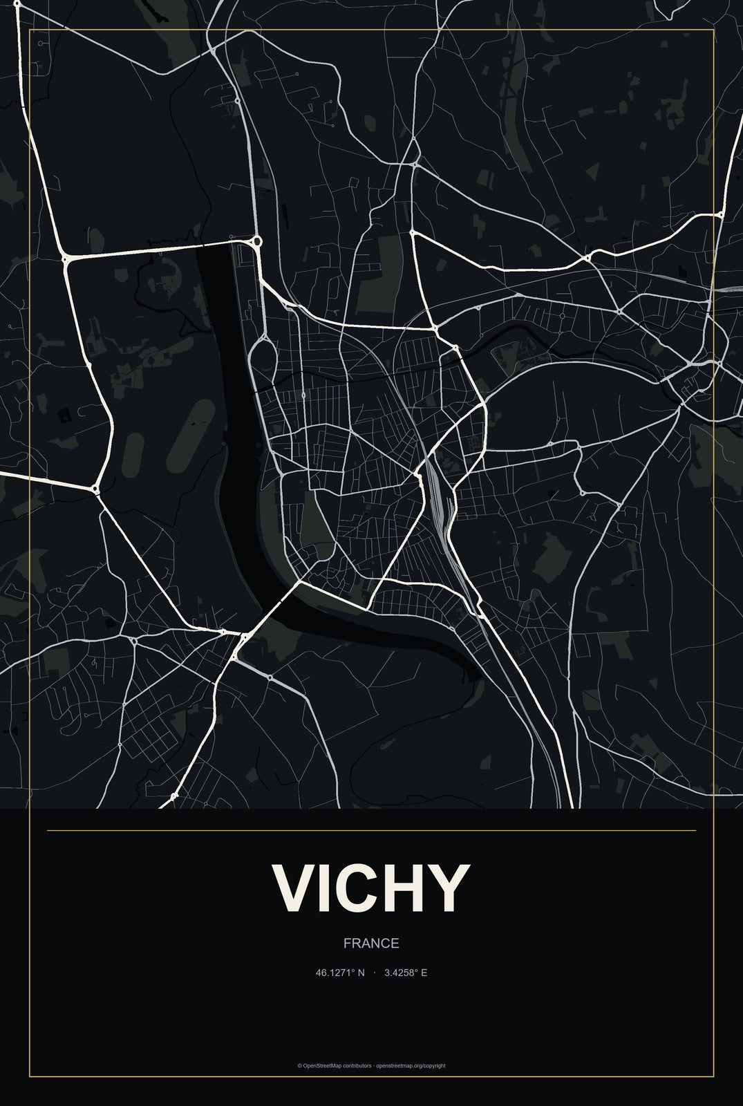 Vichy, France City Map Aluminum Sign in Metropolitan Noir style