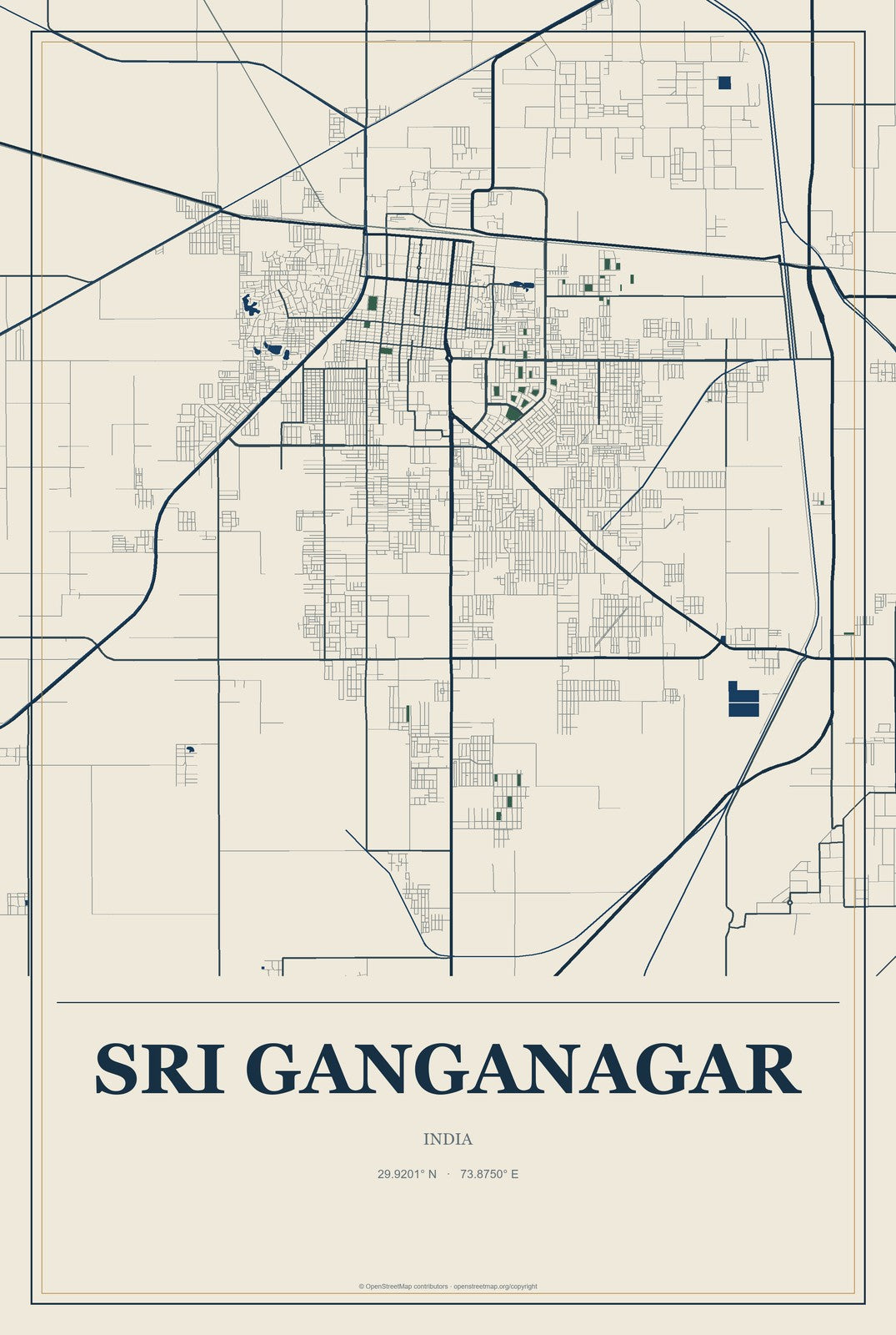 Sri Ganganagar, India City Map Aluminum Sign in Coastal Cutout style