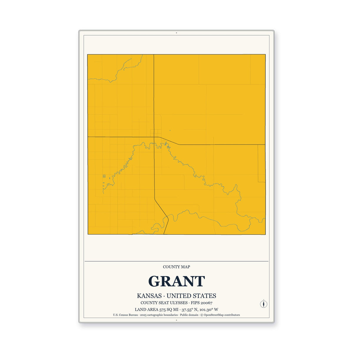 Grant County, Kansas Map Aluminum Sign in Citrine Modern style