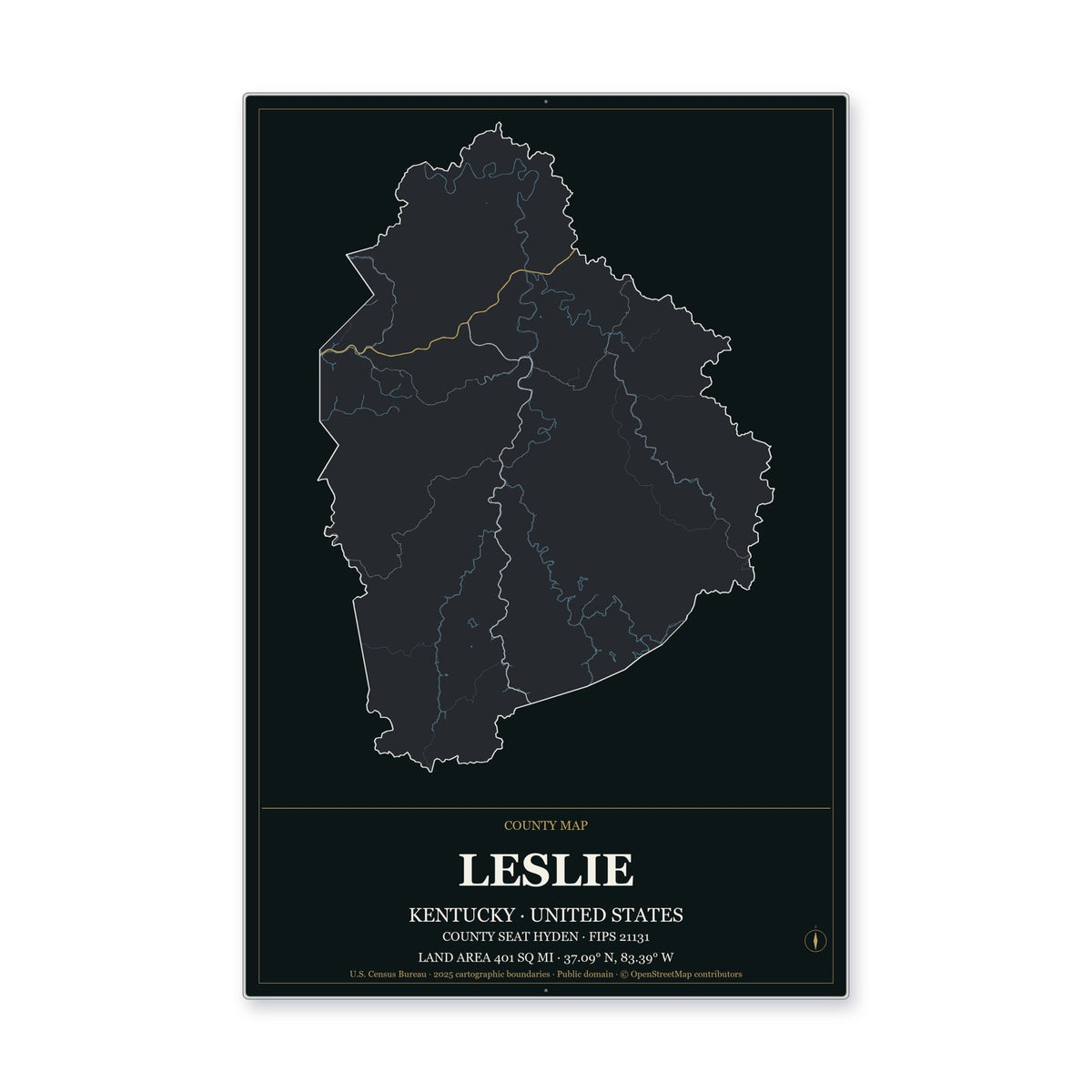 Leslie County, Kentucky Map Aluminum Sign in Metropolitan Noir style