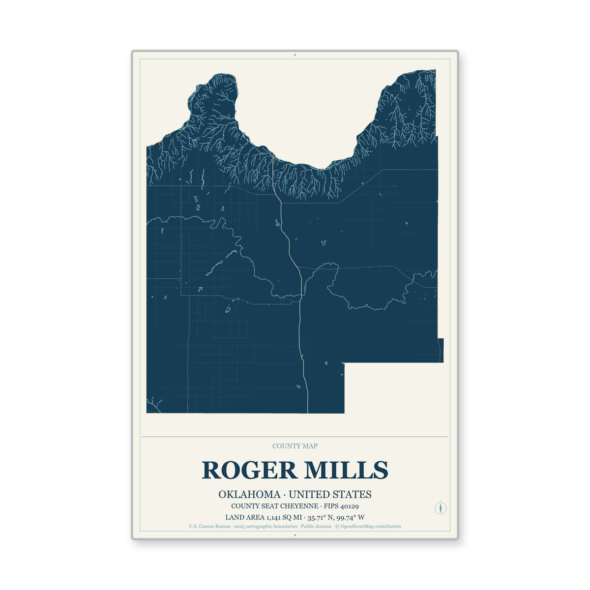 Roger Mills County, Oklahoma Map Aluminum Sign in Coastal Cutout style