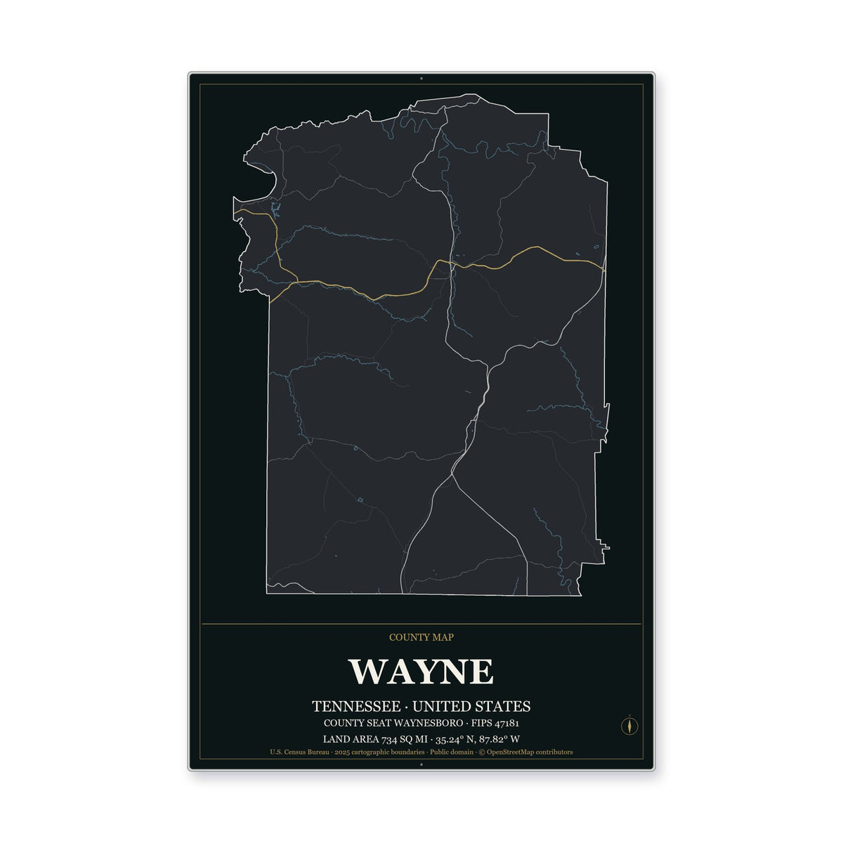 Wayne County, Tennessee Map Aluminum Sign in Metropolitan Noir style
