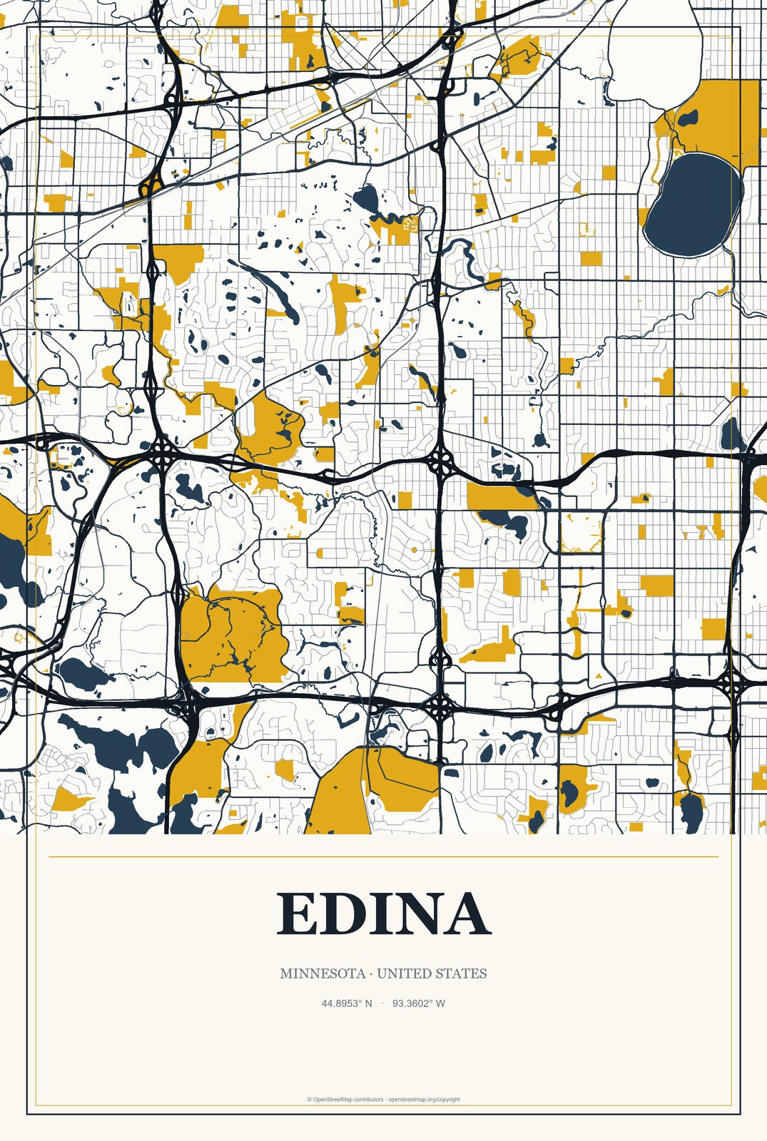 Edina, Minnesota City Map Aluminum Sign in Citrine Modern style