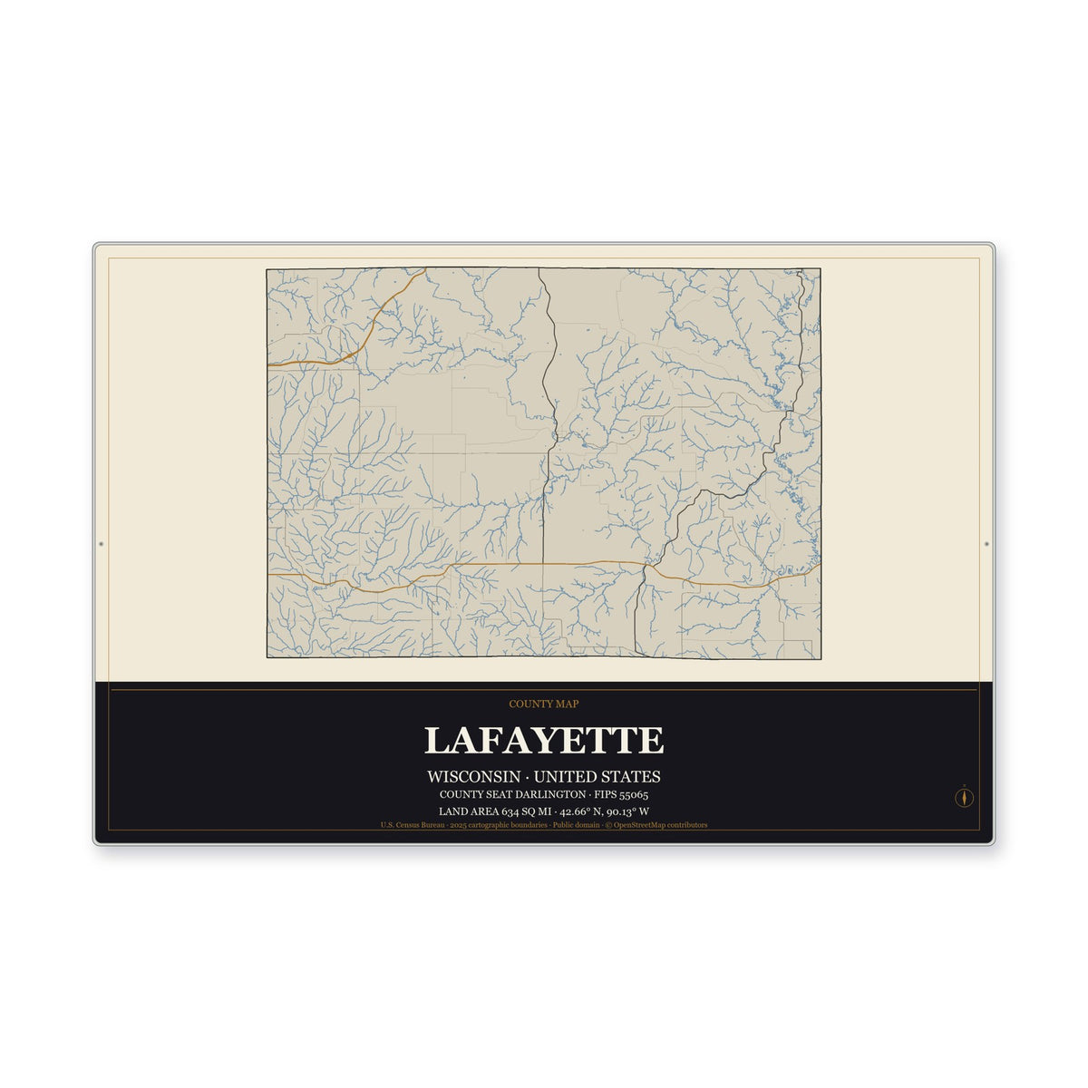 Lafayette County, Wisconsin Map Aluminum Sign in Museum Plaque style