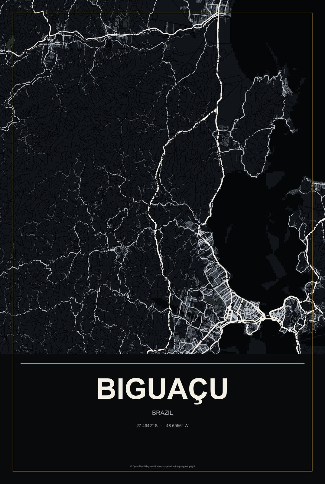Biguaçu, Brazil City Map Aluminum Sign in Metropolitan Noir style