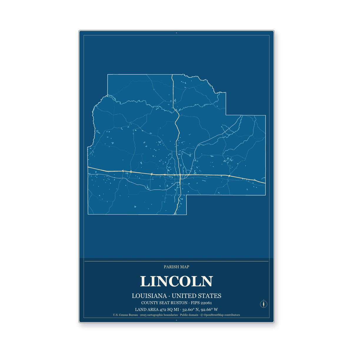 Lincoln Parish, Louisiana Map Aluminum Sign in Harbor Cobalt style