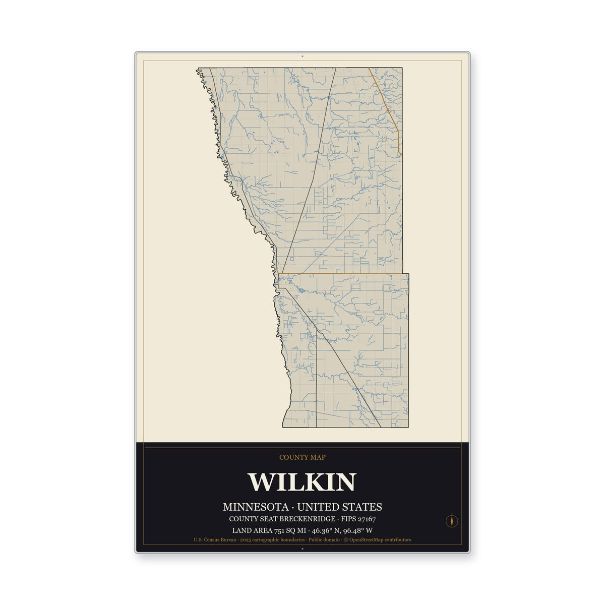 Wilkin County, Minnesota Map Aluminum Sign in Museum Plaque style