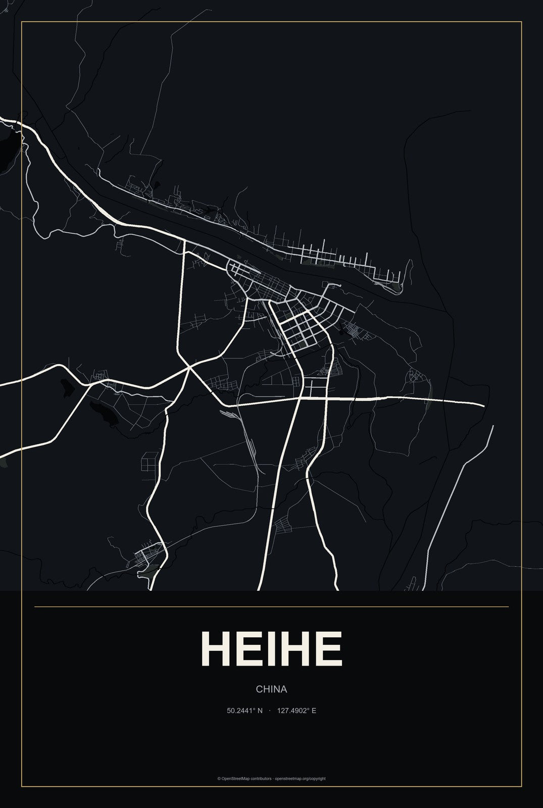 Heihe, China City Map Aluminum Sign in Metropolitan Noir style