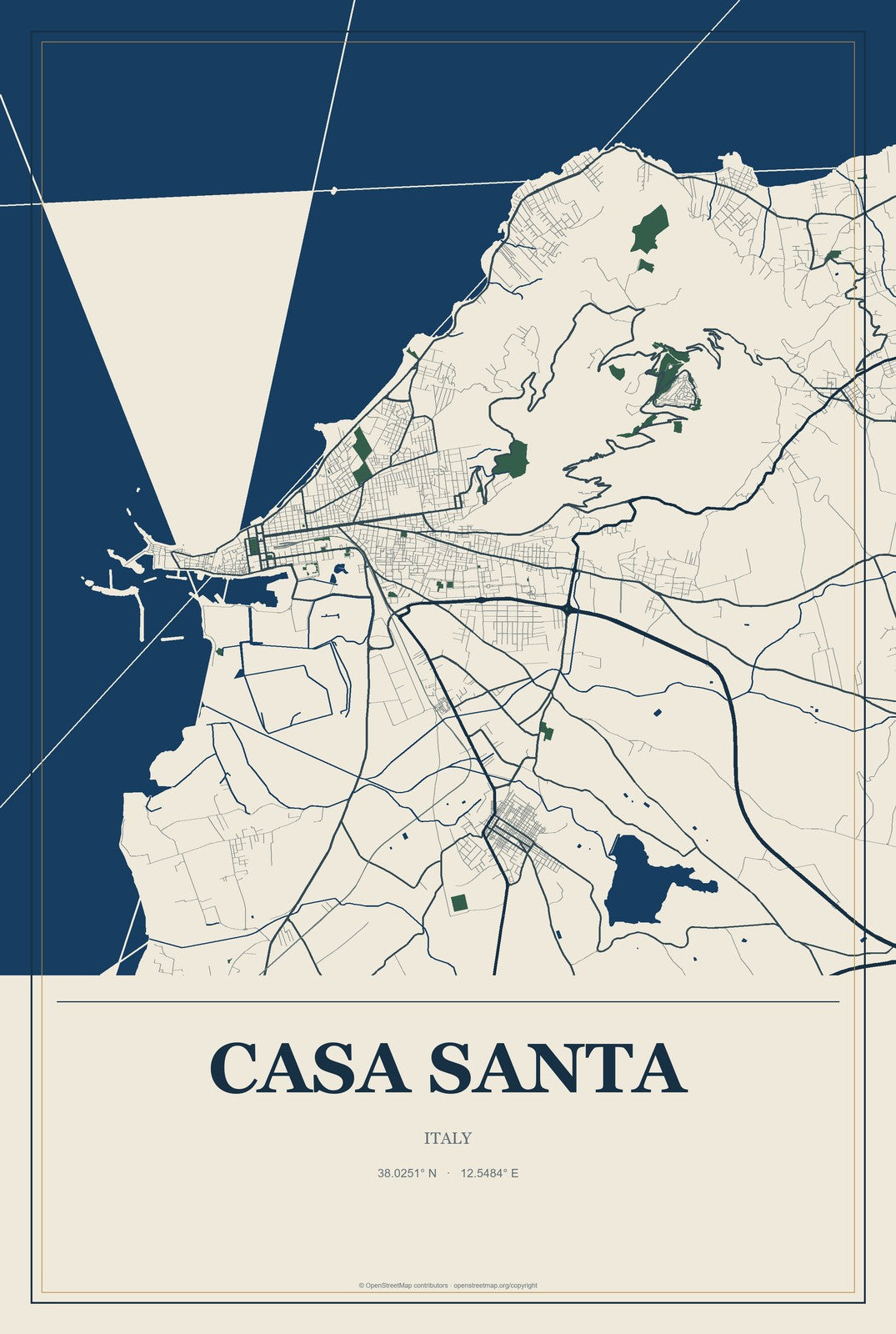 Casa Santa, Italy City Map Aluminum Sign in Coastal Cutout style