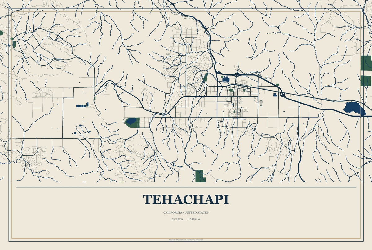 Tehachapi, California City Map Aluminum Sign in Coastal Cutout style