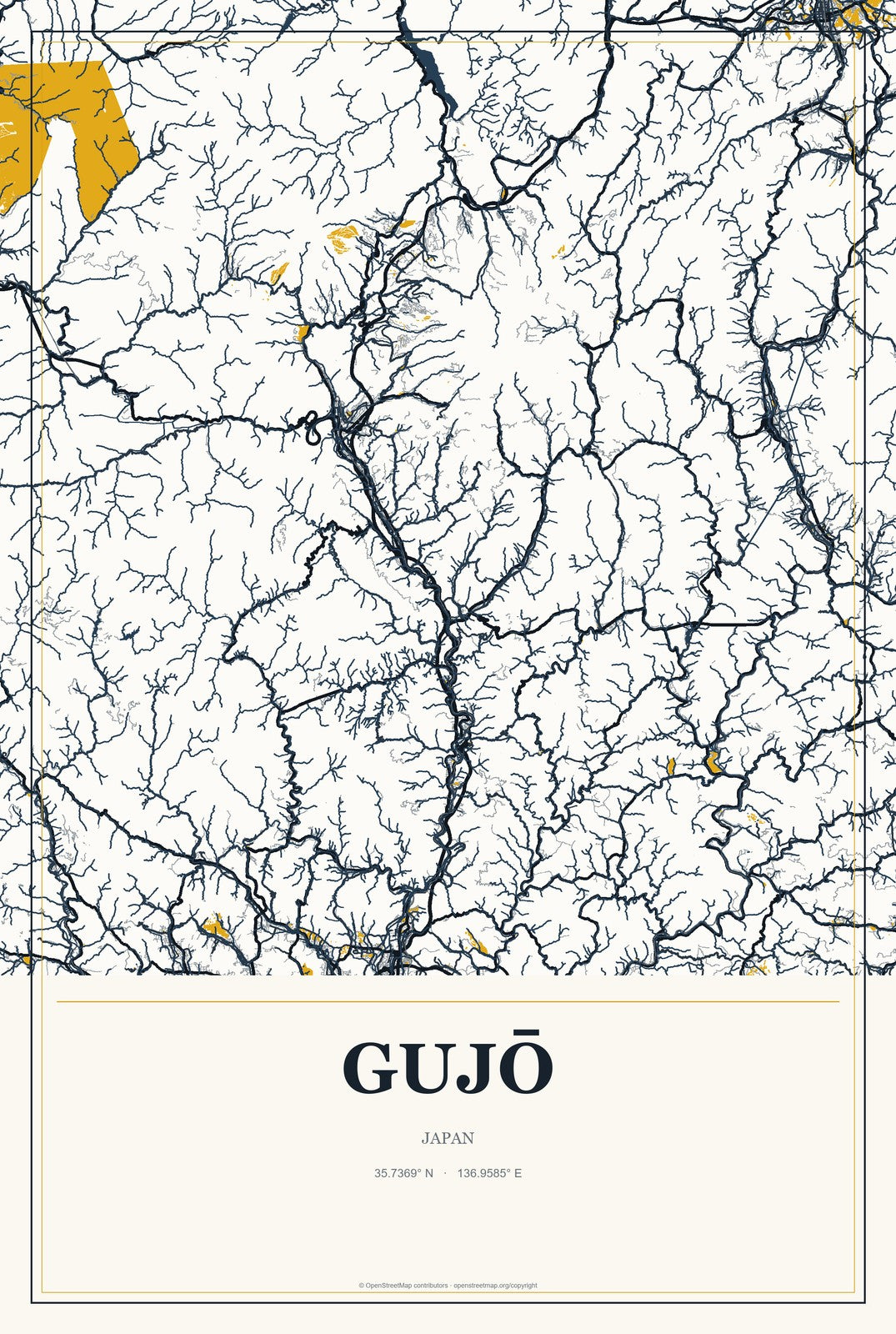 Gujō, Japan City Map Aluminum Sign in Citrine Modern style