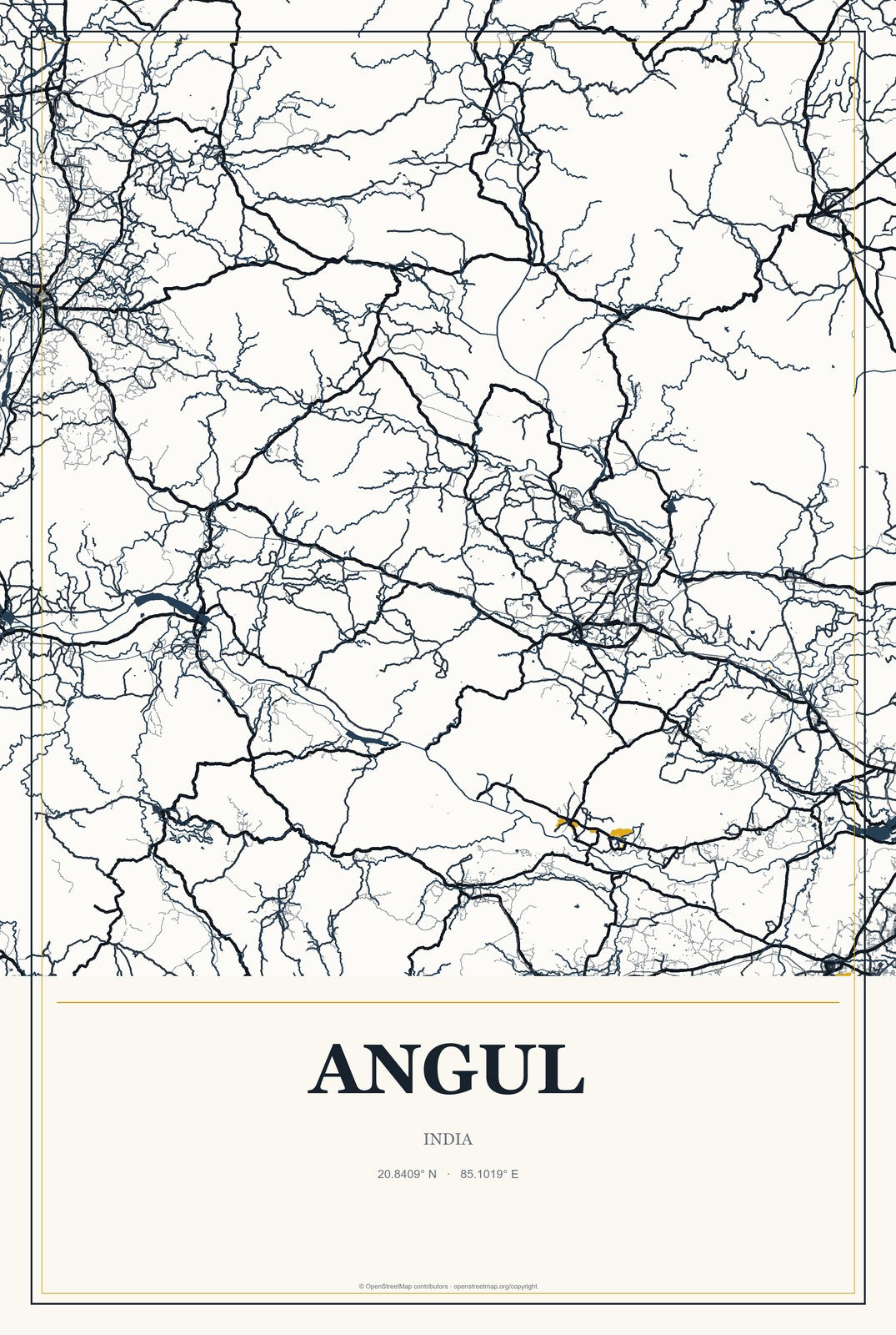 Angul, India City Map Aluminum Sign in Citrine Modern style