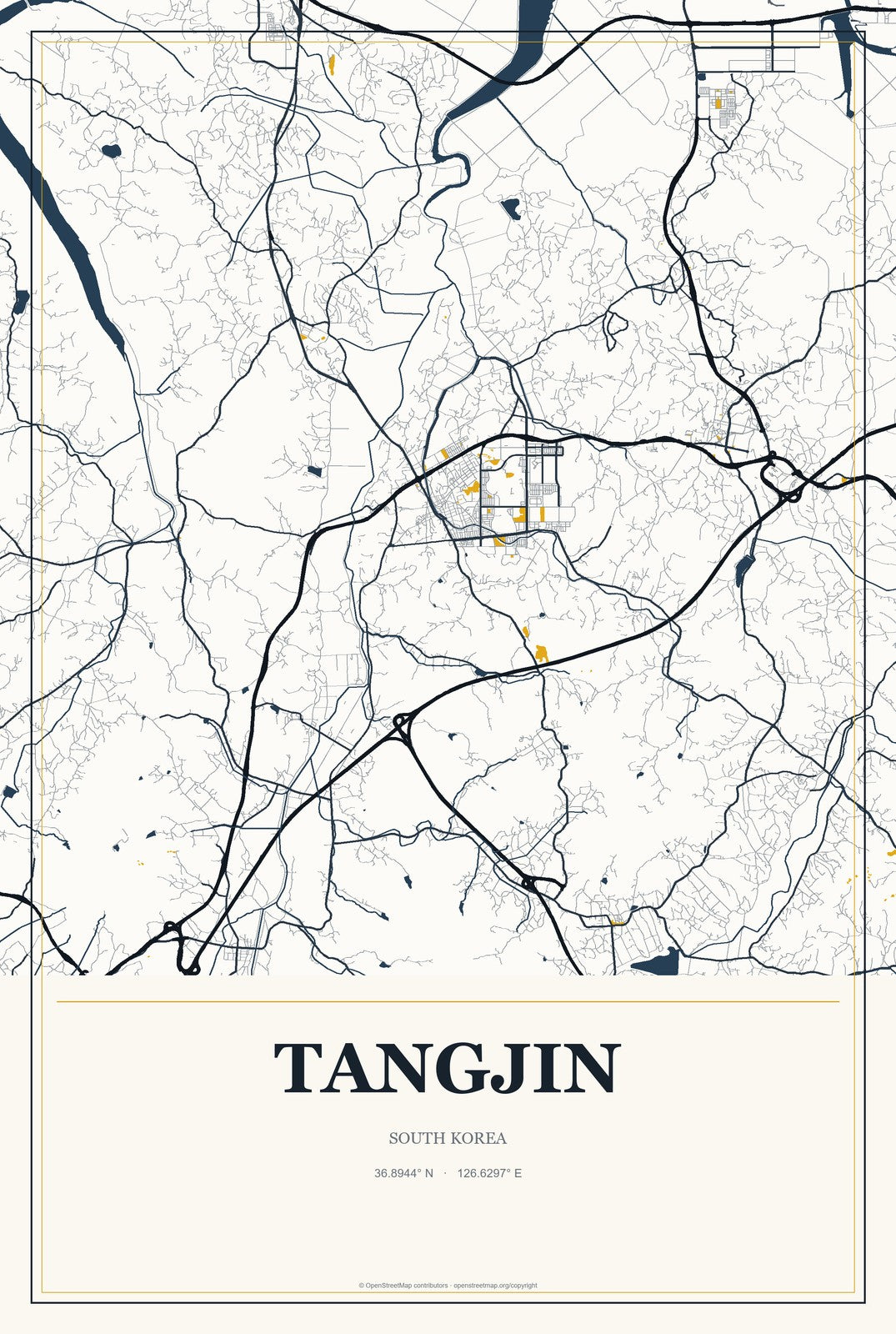 Tangjin, South Korea City Map Aluminum Sign in Citrine Modern style