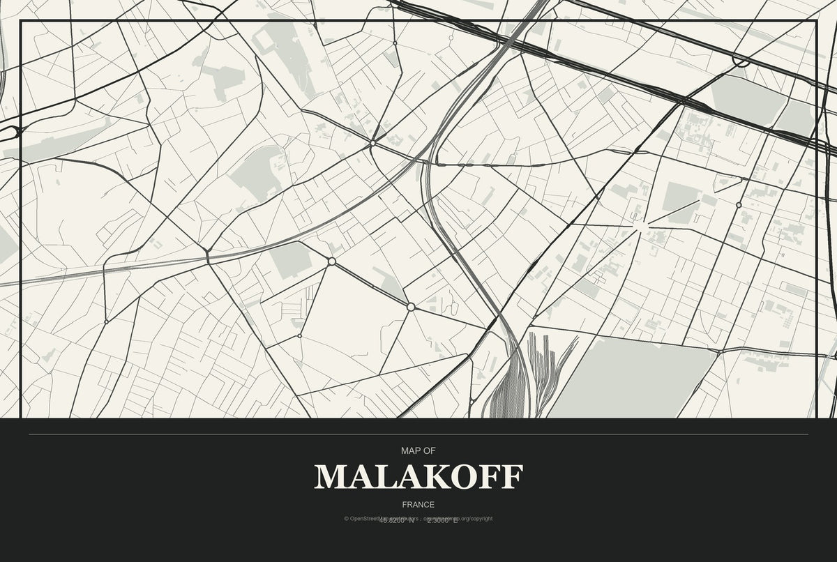 Malakoff, France City Map Aluminum Sign in Museum Plaque style