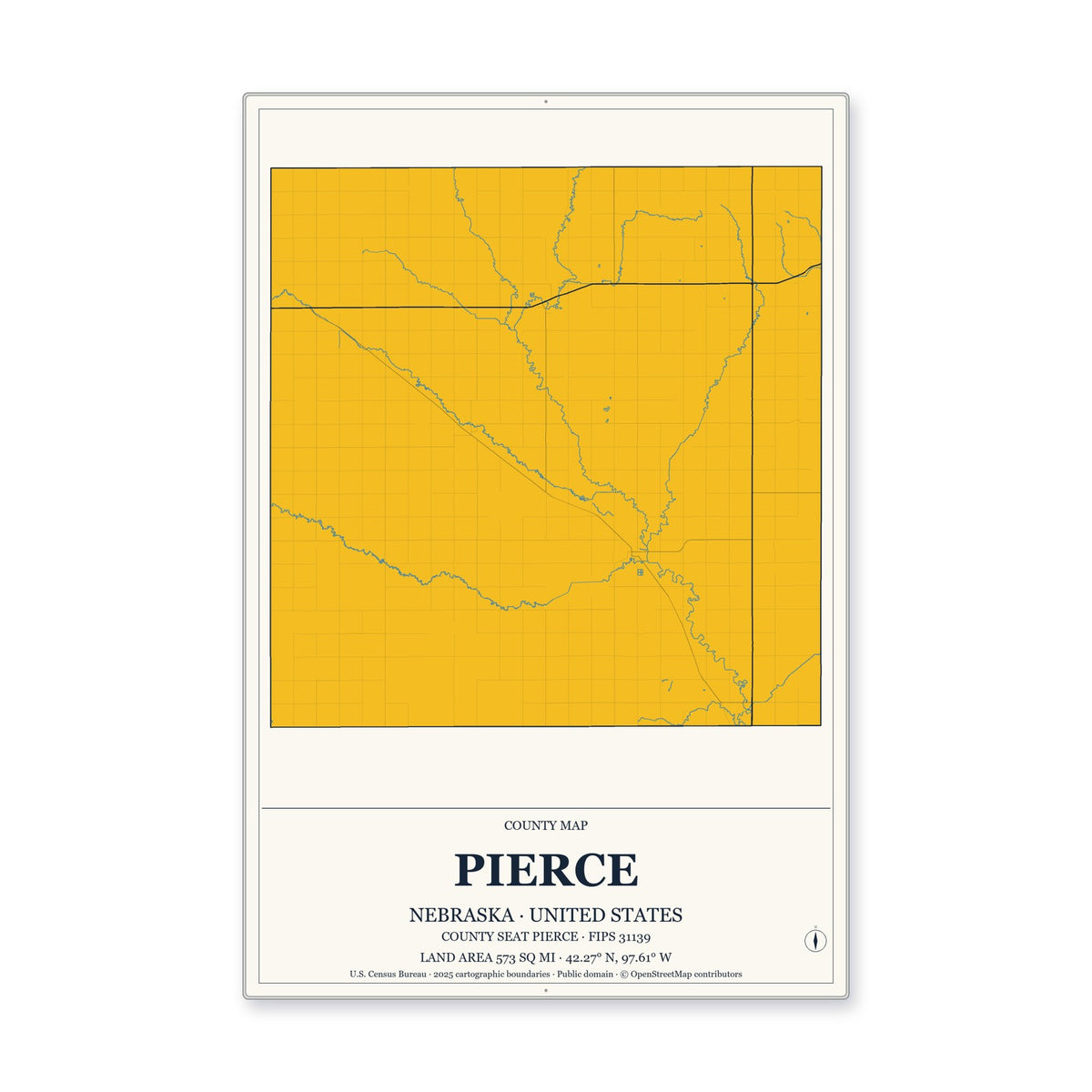 Pierce County, Nebraska Map Aluminum Sign in Citrine Modern style