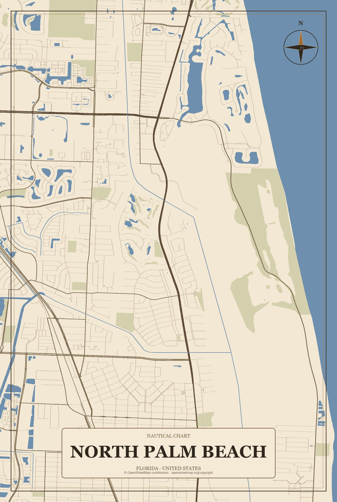 North Palm Beach, Florida City Map Aluminum Sign in Heritage Nautical style
