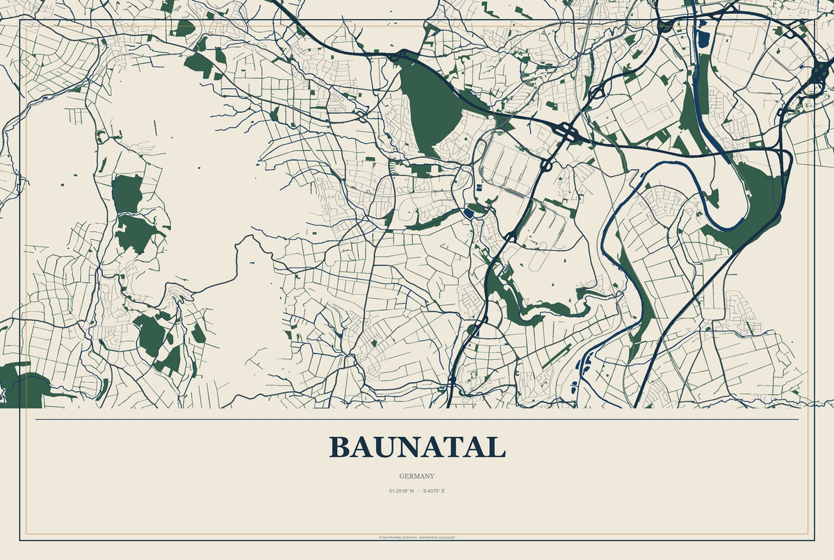 Baunatal, Germany City Map Aluminum Sign in Coastal Cutout style