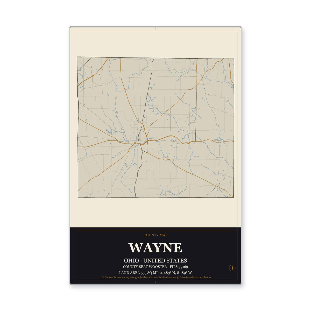 Wayne County, Ohio Map Aluminum Sign in Museum Plaque style