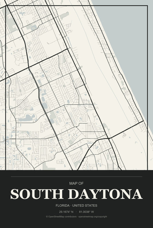 South Daytona, Florida City Map Aluminum Sign in Museum Plaque style
