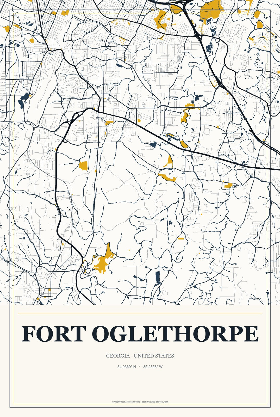Fort Oglethorpe, Georgia City Map Aluminum Sign in Citrine Modern style