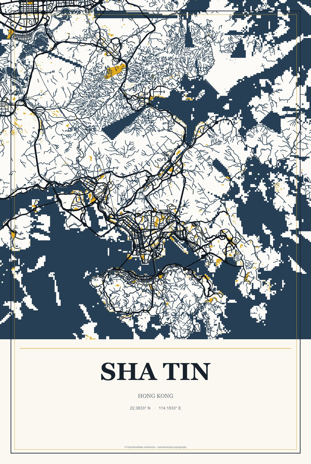 Sha Tin, Hong Kong City Map Aluminum Sign in Citrine Modern style