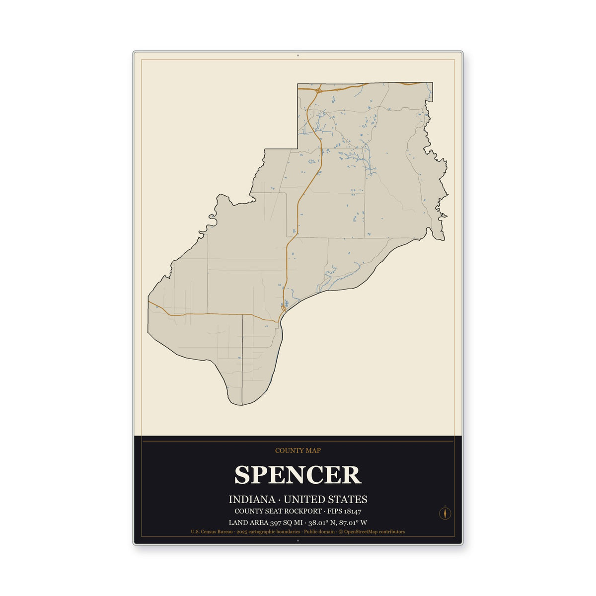 Spencer County, Indiana Map Aluminum Sign in Museum Plaque style
