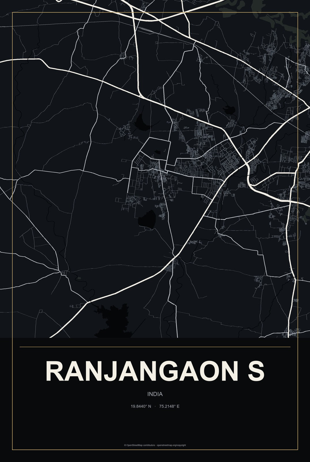 Ranjangaon S, India City Map Aluminum Sign in Metropolitan Noir style