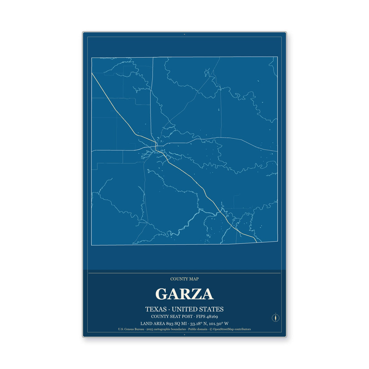 Garza County, Texas Map Aluminum Sign in Harbor Cobalt style