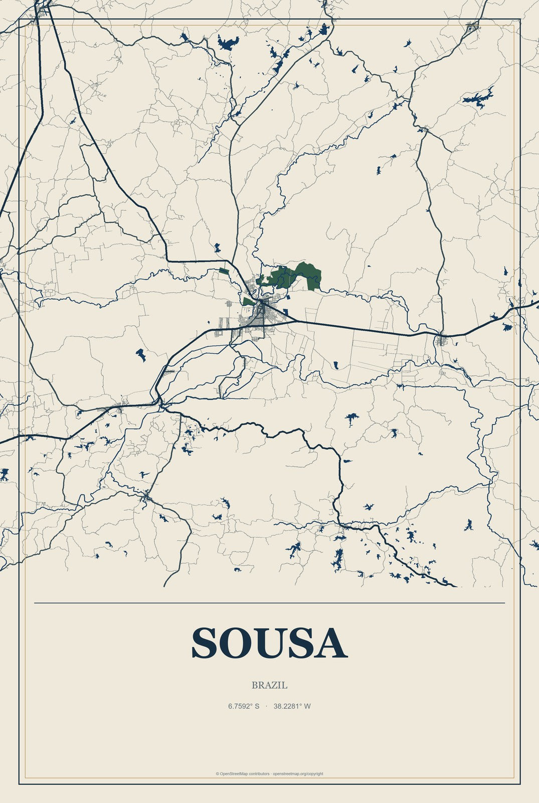 Sousa, Brazil City Map Aluminum Sign in Coastal Cutout style
