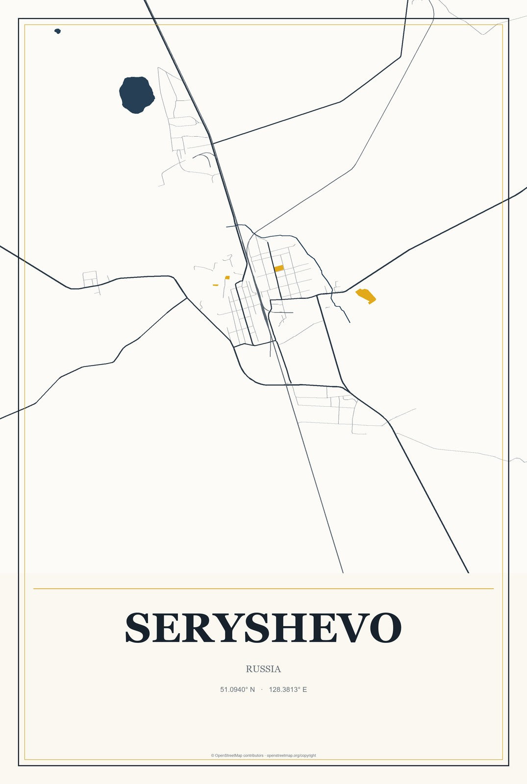Seryshevo, Russia City Map Aluminum Sign in Citrine Modern style