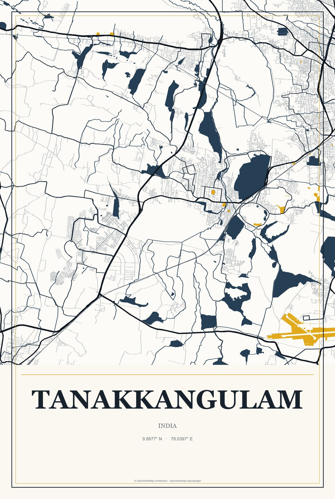 Tanakkangulam, India City Map Aluminum Sign in Citrine Modern style