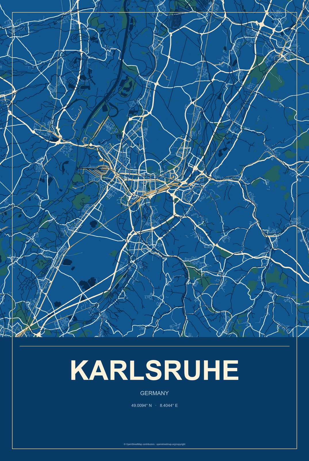 Karlsruhe, Germany City Map Aluminum Sign in Harbor Cobalt style