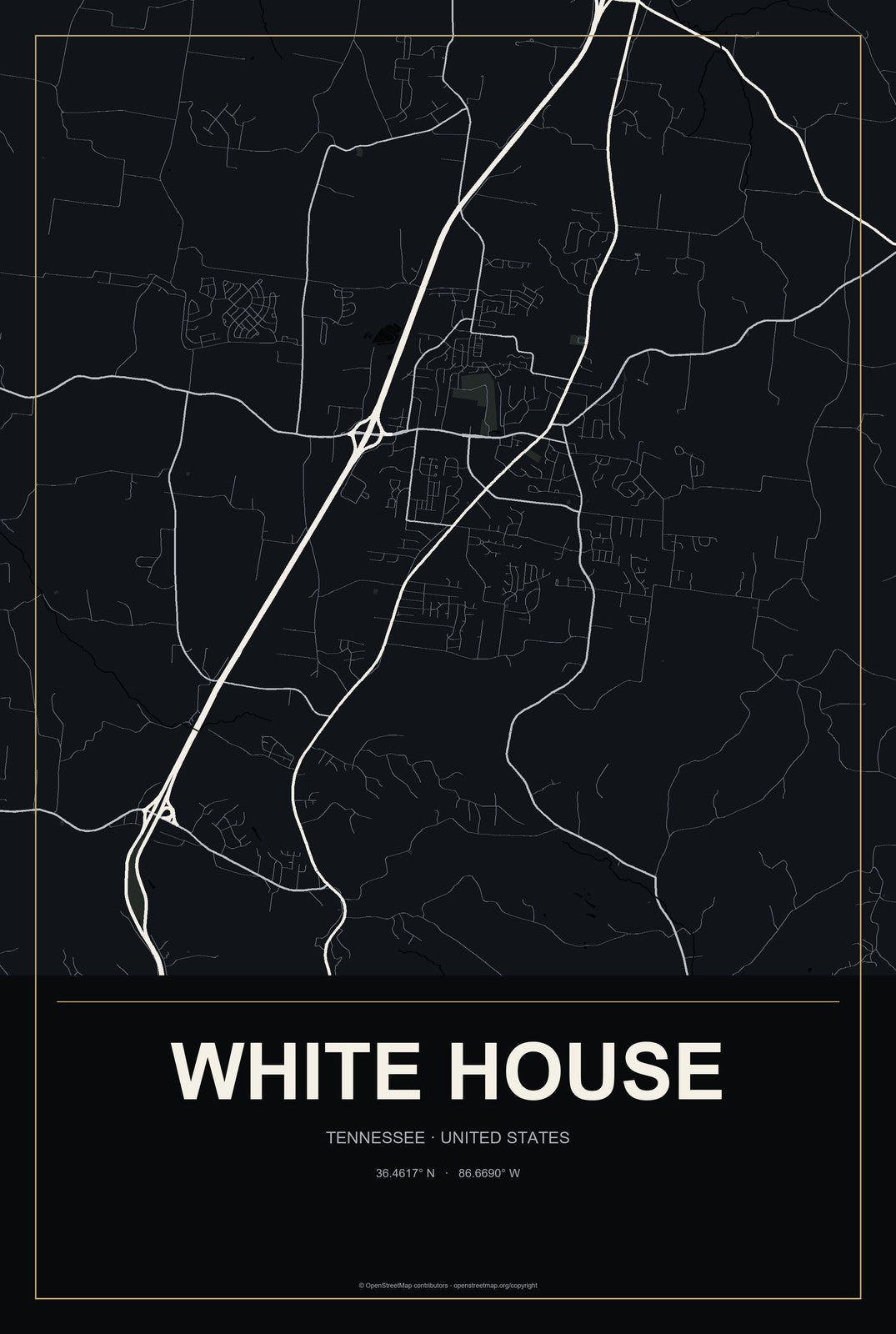 White House, Tennessee City Map Aluminum Sign in Metropolitan Noir style