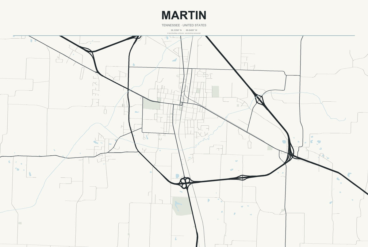 Martin, Tennessee City Map Aluminum Sign in Headline Atlas style