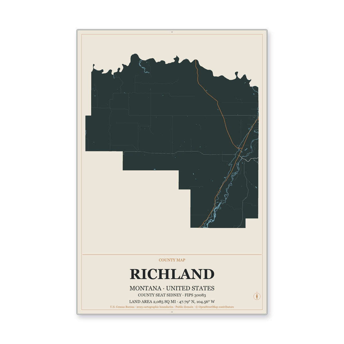 Richland County, Montana Map Aluminum Sign in Headline Atlas style