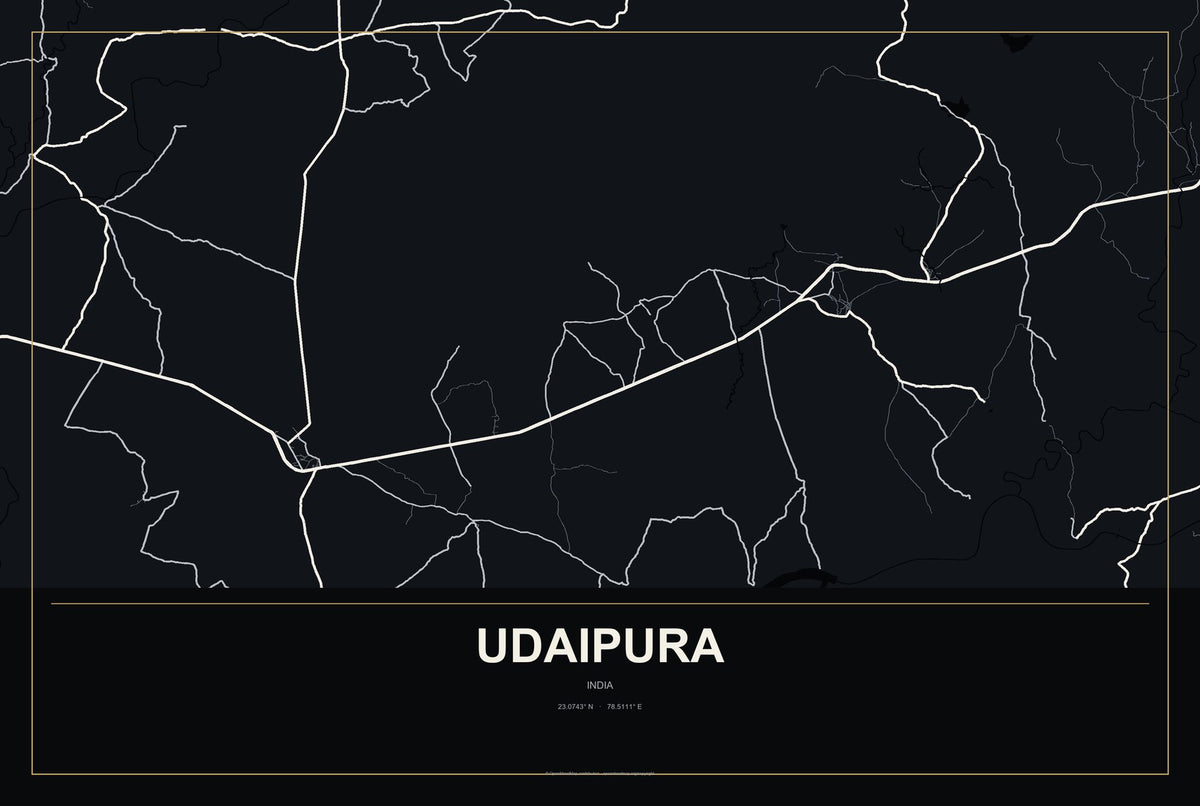 Udaipura, India City Map Aluminum Sign in Metropolitan Noir style