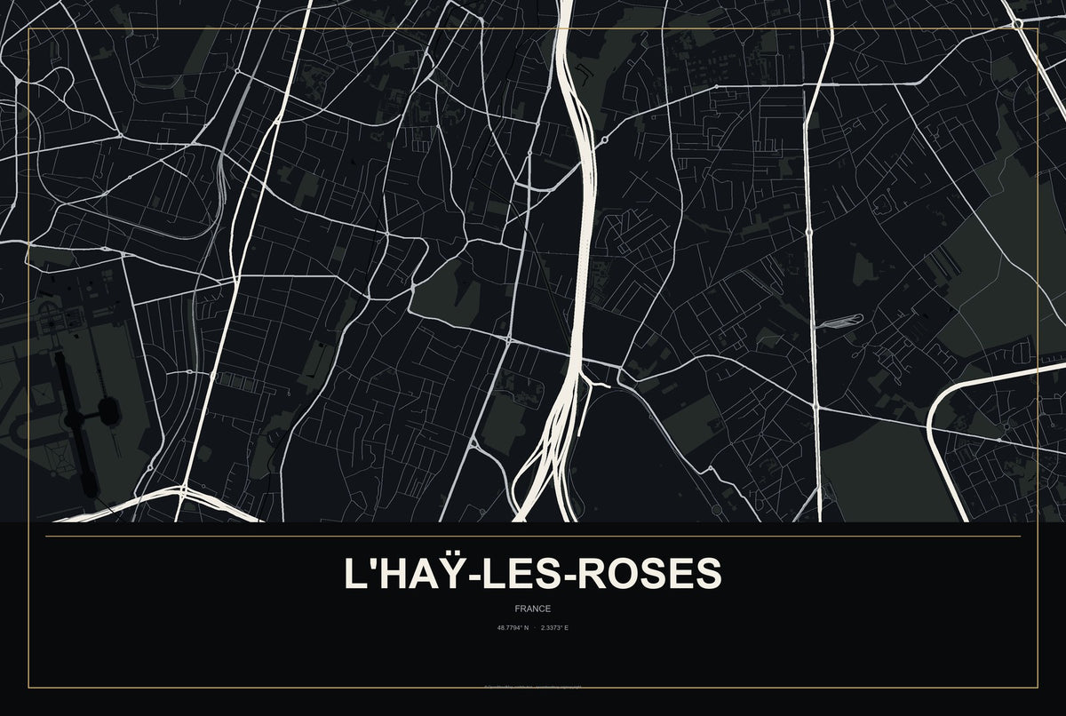 L'Haÿ-les-Roses, France City Map Aluminum Sign in Metropolitan Noir style
