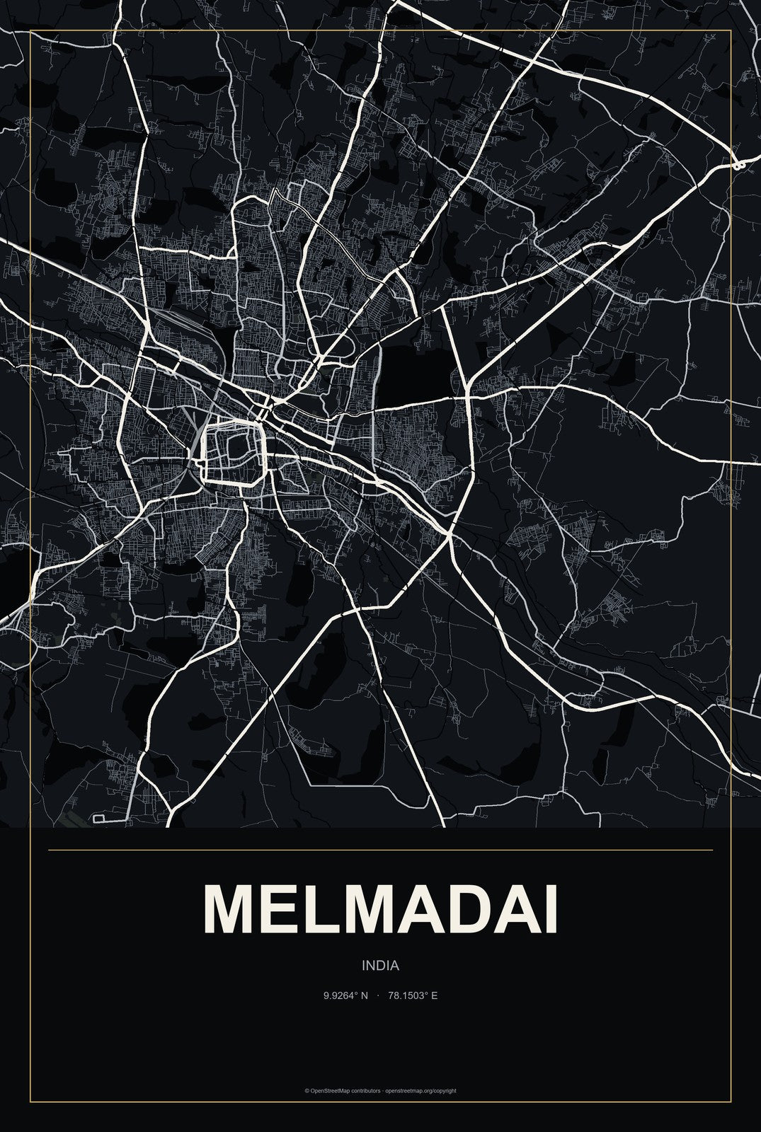 Melmadai, India City Map Aluminum Sign in Metropolitan Noir style