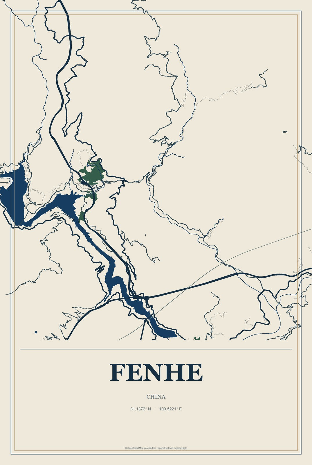 Fenhe, China City Map Aluminum Sign in Coastal Cutout style