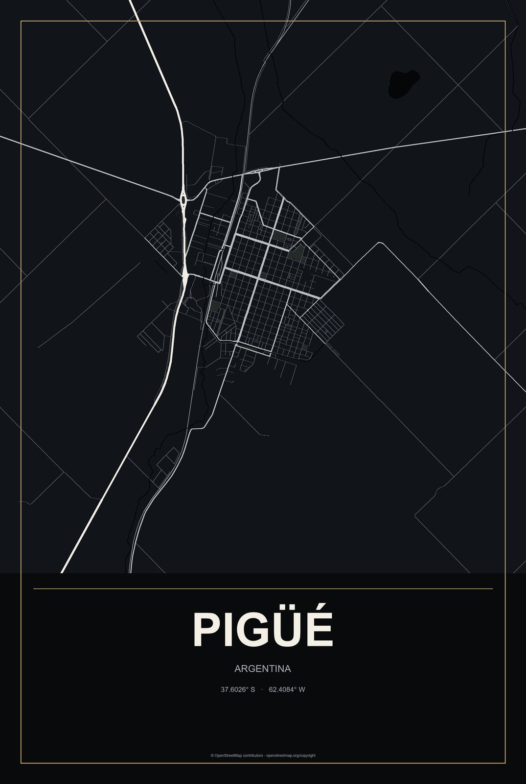 Pigüé, Argentina City Map Aluminum Sign in Metropolitan Noir style